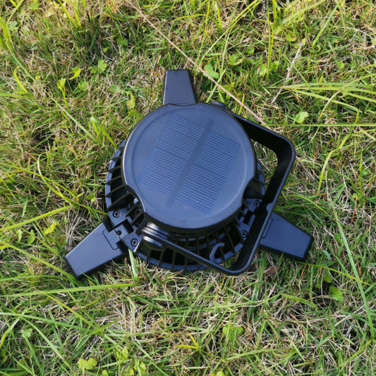 Solar Camping Fan with LED Light – Rechargeable for Off-Grid Trips