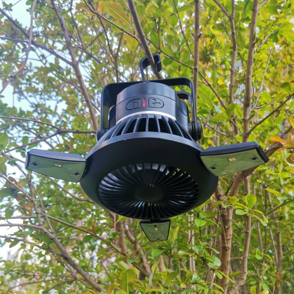 Solar Camping Fan with LED Light – Rechargeable for Off-Grid Trips